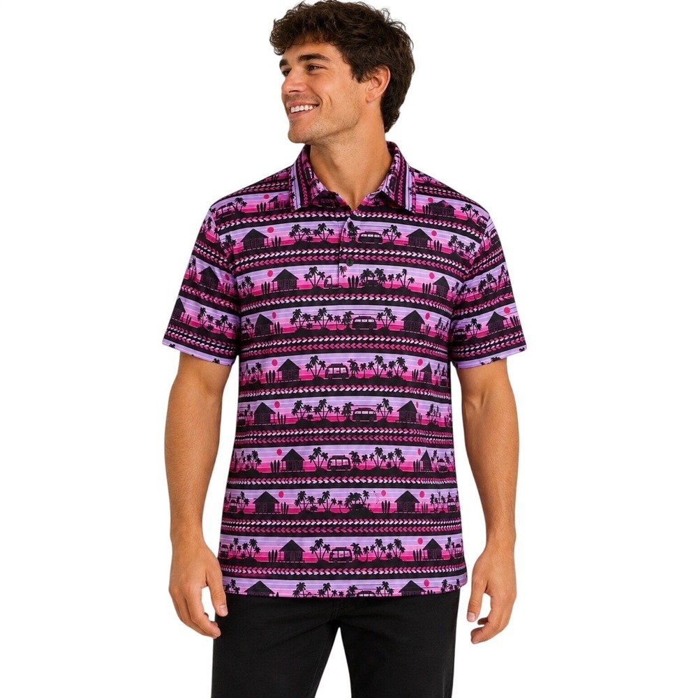 NWT Pins & Aces Mens Golf Polo Shirt Pink Purple Tropical Beach Palms Medium